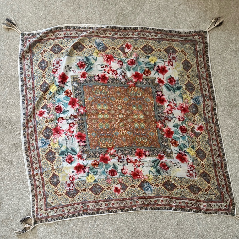 🌸 Johnny Was 100% Silk Scarf – Floral & Medallion Print with Tassels! 🌿